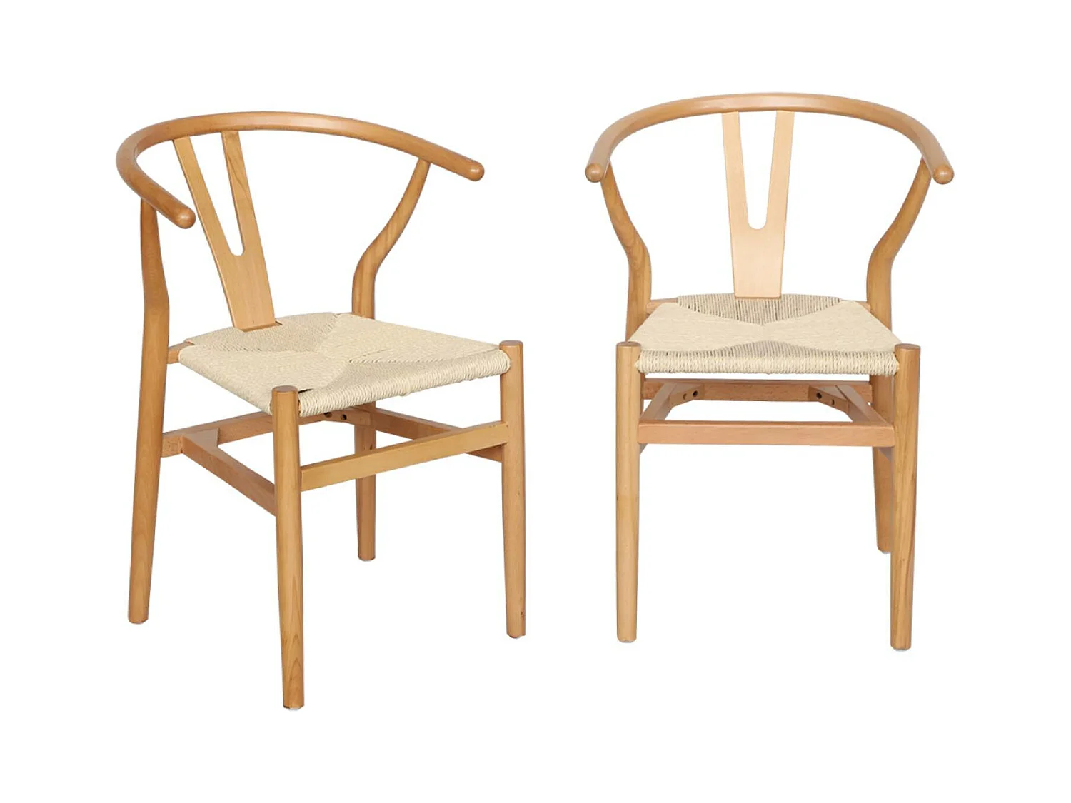 Lot de deux chaises vintage naturelles en bois d'hévéa avec assise en cordes et dossier arrondi