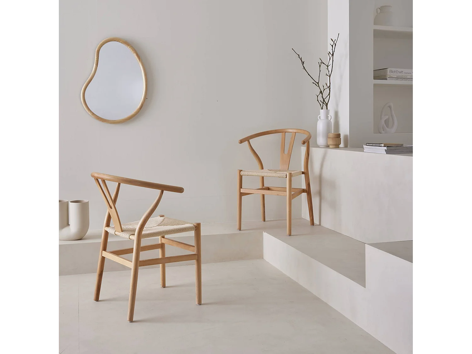 Silla de madera con asiento de cuerda, set de 2 natural