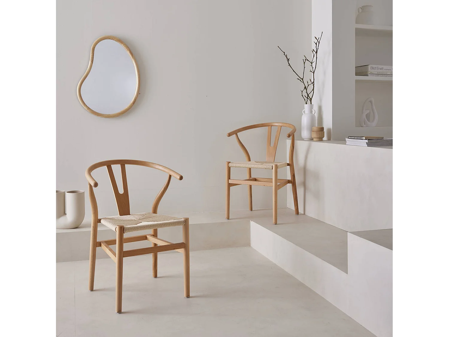 Silla de madera con asiento de cuerda, set de 2 natural