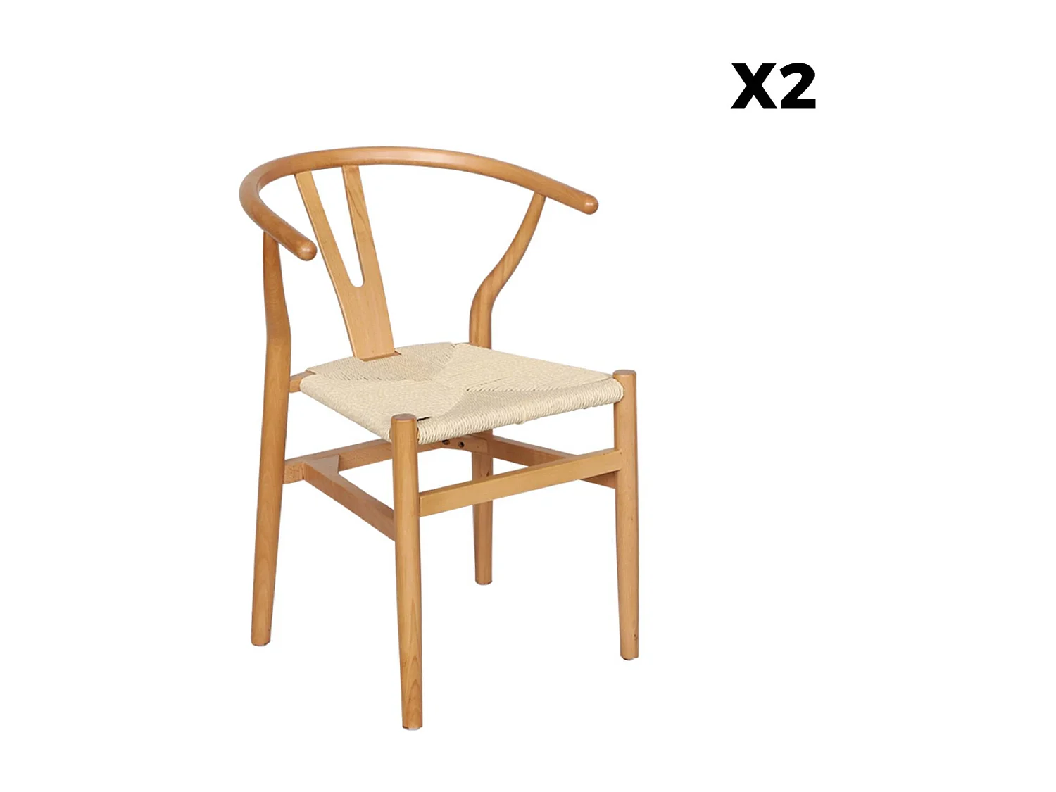 Set 2 sede in legno con seduta in corda, marrone naturale