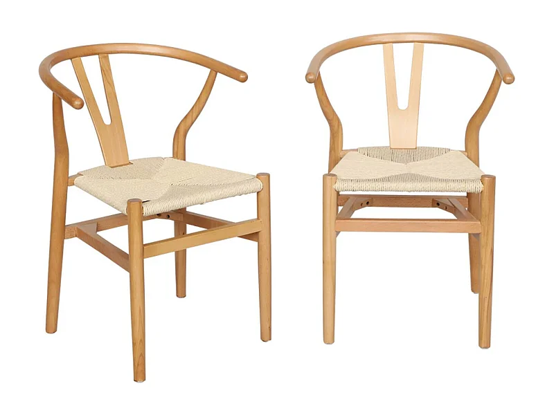 Lot de deux chaises vintage naturelles en bois d'hévéa avec assise en cordes et dossier arrondi