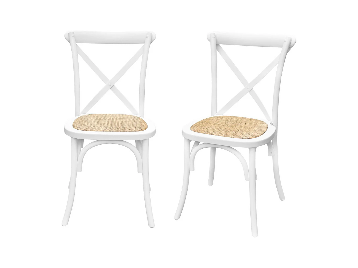 Lot de 2 chaises de bistrot en bois d'hévéa blanc. vintage. assise en rotin. empilables