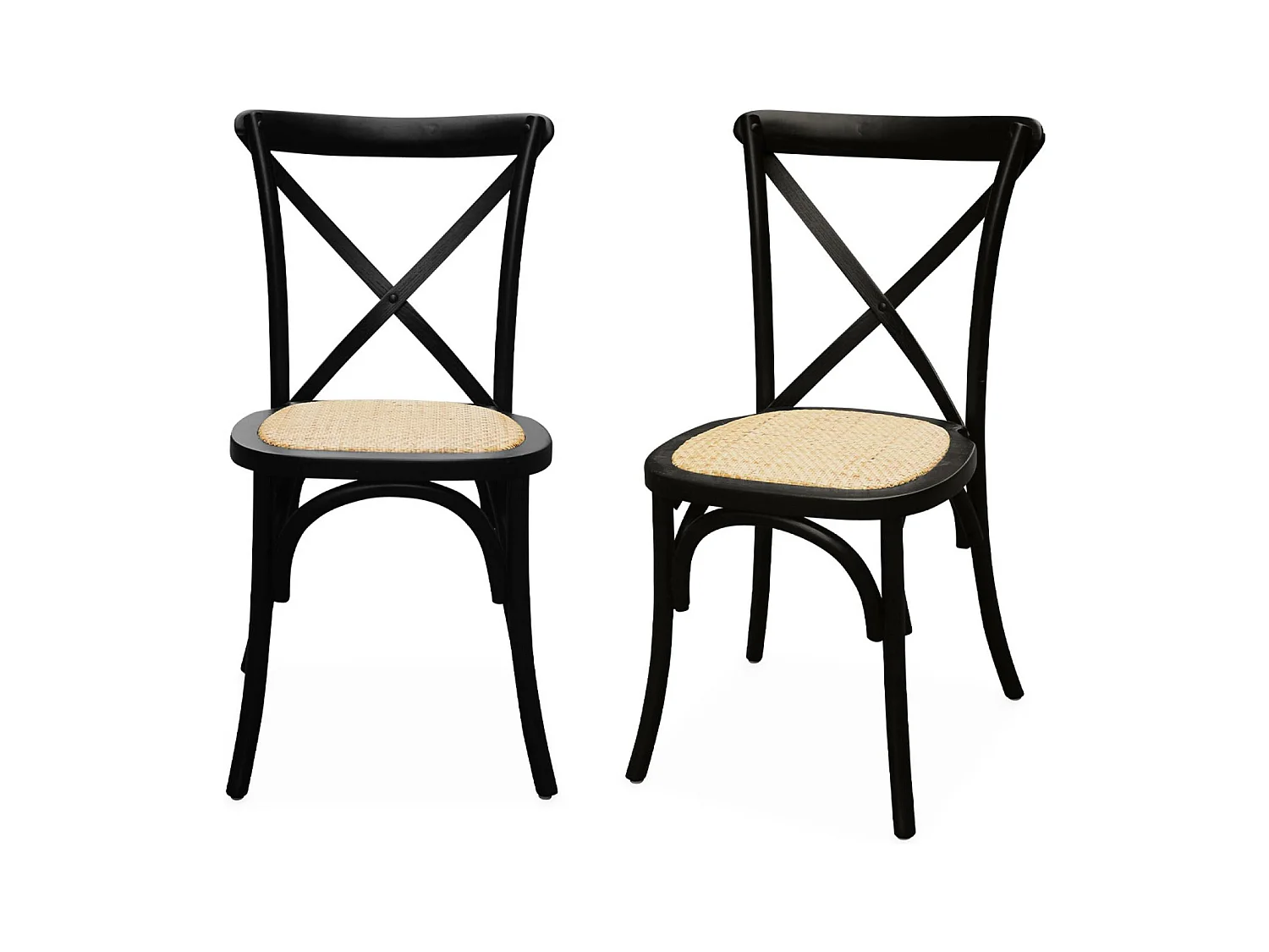 Lot de 2 chaises de bistrot en bois d'hévéa noir. vintage. assise en rotin. empilables