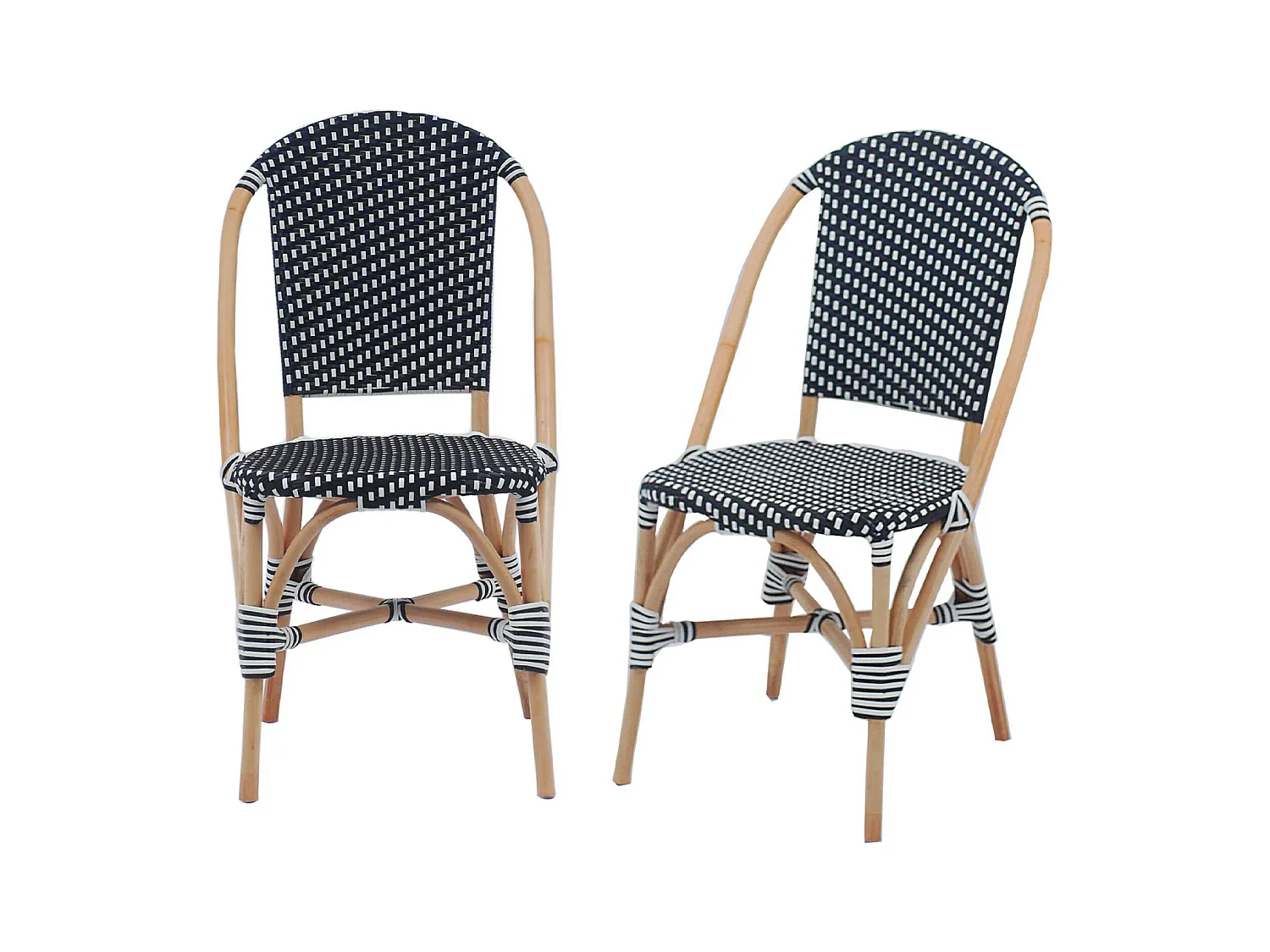 Lot de 2 chaises empilables bistrot en rotin et polyrotin noir et blanc. L 48 x P 58 x H 90cm