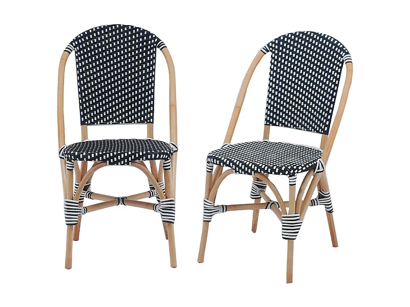 Lot de 2 chaises empilables bistrot en rotin et polyrotin noir et blanc. L 48 x P 58 x H 90cm