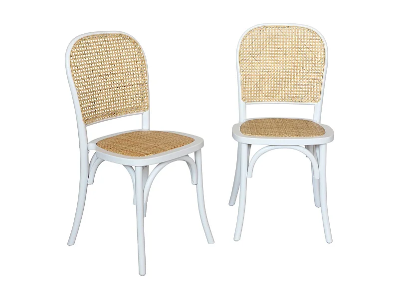 Lot de deux chaises vintage blanches en bois avec assise et dossier en rotin