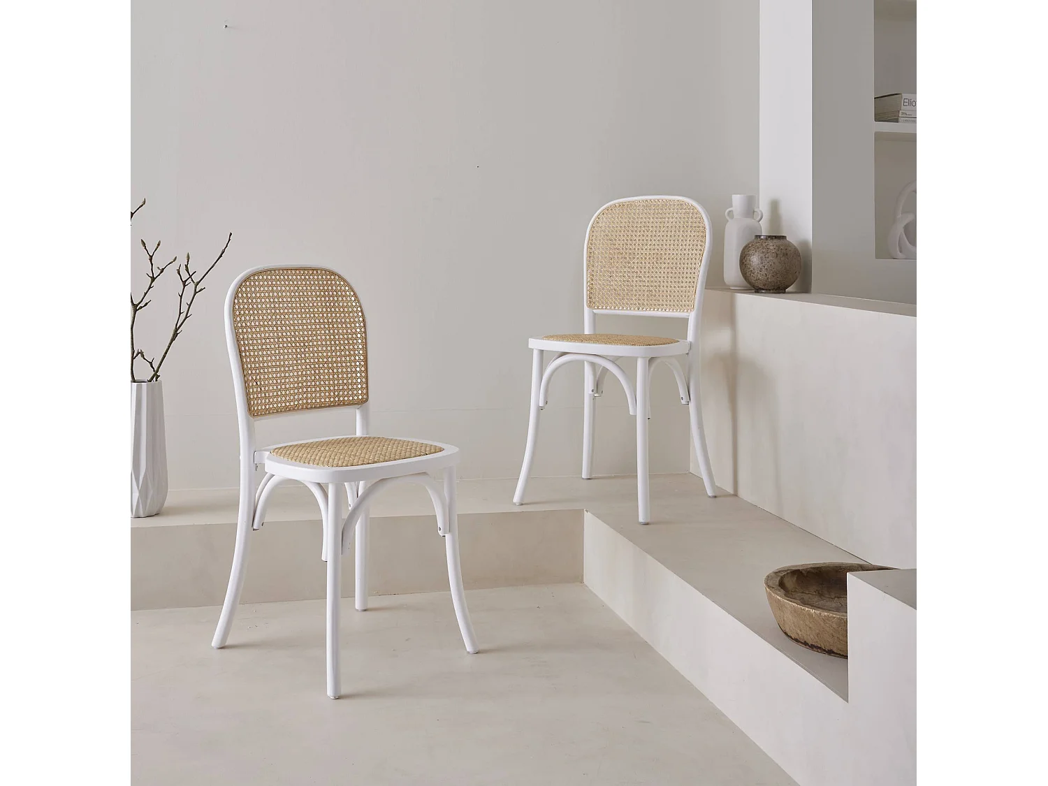 Silla vintage de madera y ratán, set de 2 blanco