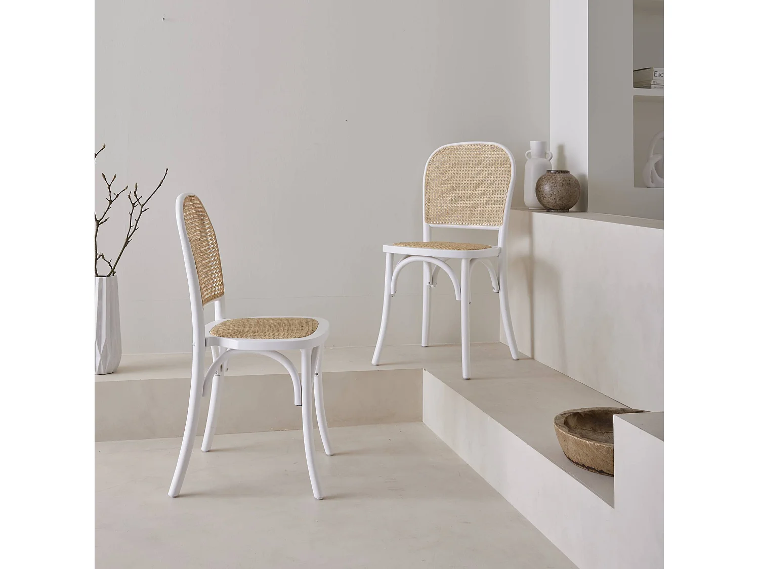 Silla vintage de madera y ratán, set de 2 blanco