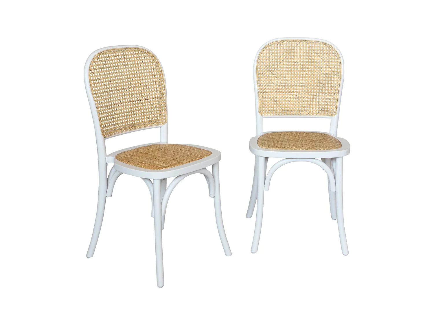 Lot de deux chaises vintage blanches en bois avec assise et dossier en rotin
