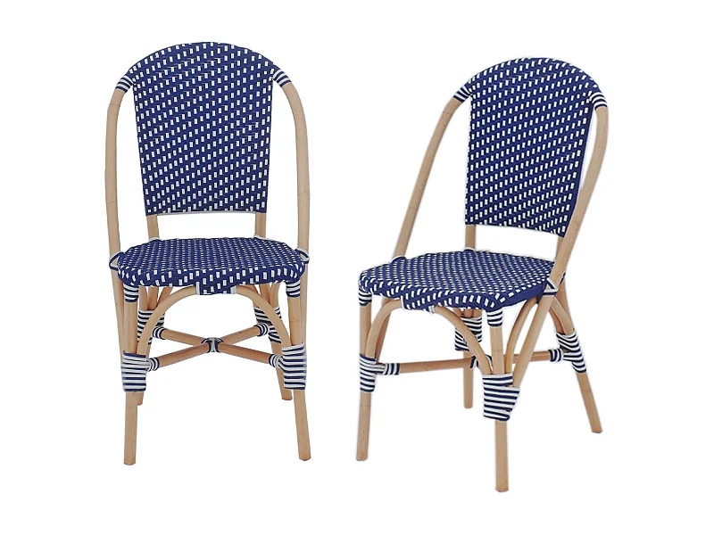 Lot de 2 chaises empilables bistrot en rotin et polyrotin bleu et blanc. L 48 x P 58 x H 90cm