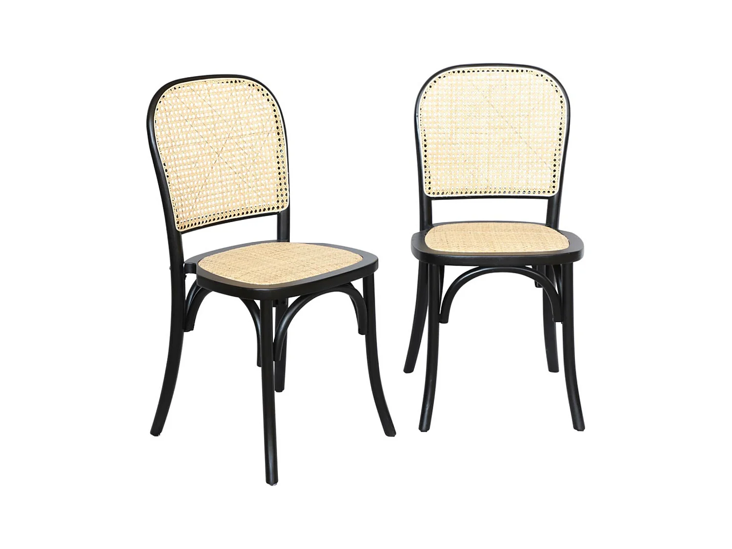Lot de deux chaises vintage noires en bois avec assise et dossier en rotin