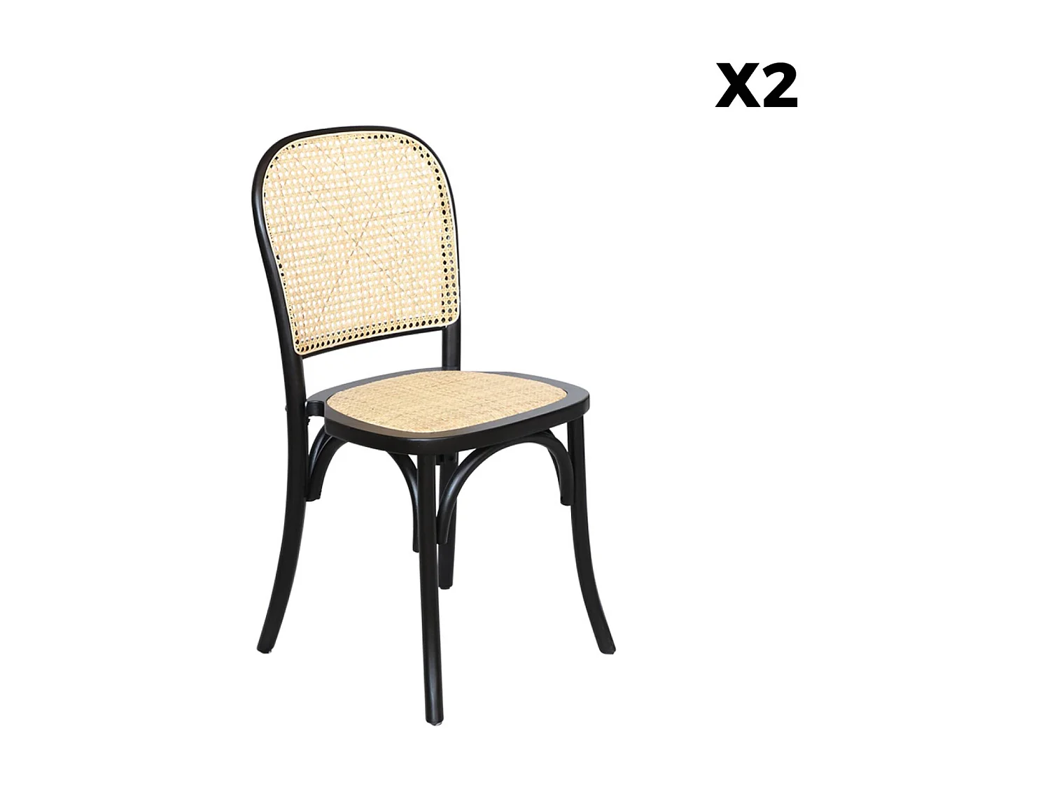 Lot de deux chaises vintage noires en bois avec assise et dossier en rotin