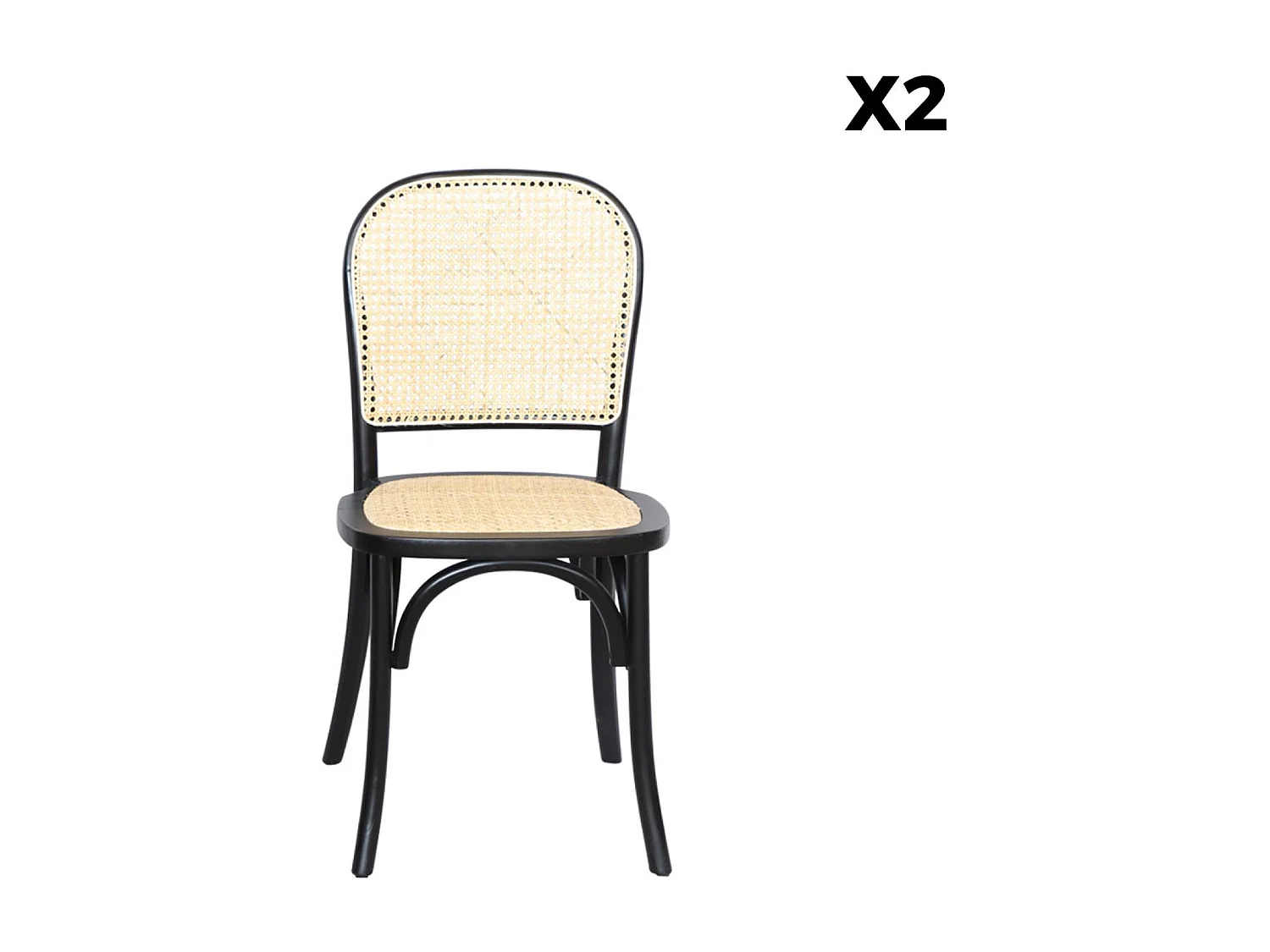 Lot de deux chaises vintage noires en bois avec assise et dossier en rotin