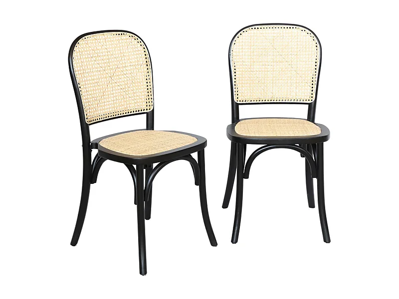 Lot de deux chaises vintage noires en bois avec assise et dossier en rotin