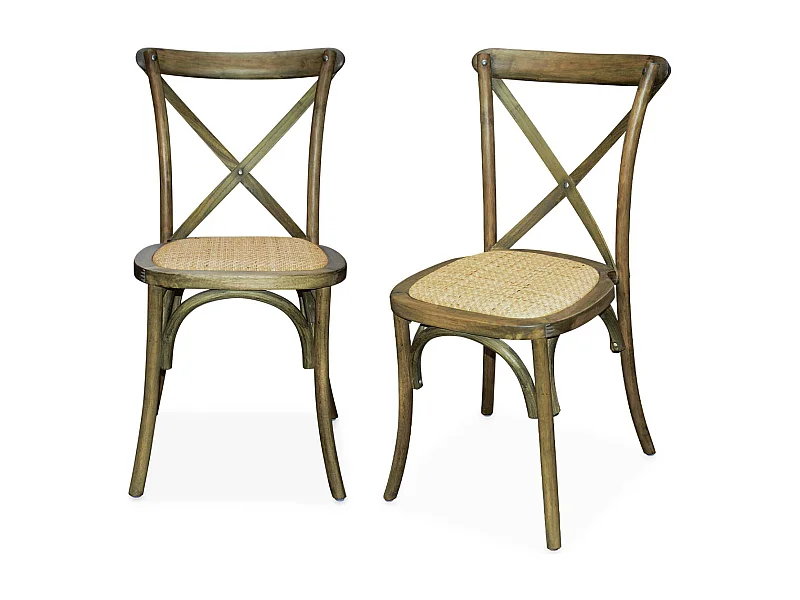 Lot de 2 chaises de bistrot en bois d'hévéa marron vieilli. vintage. assise en rotin. empilables
