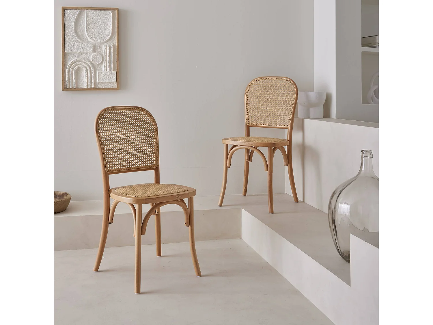 Silla vintage de madera y ratán, set de 2 natural