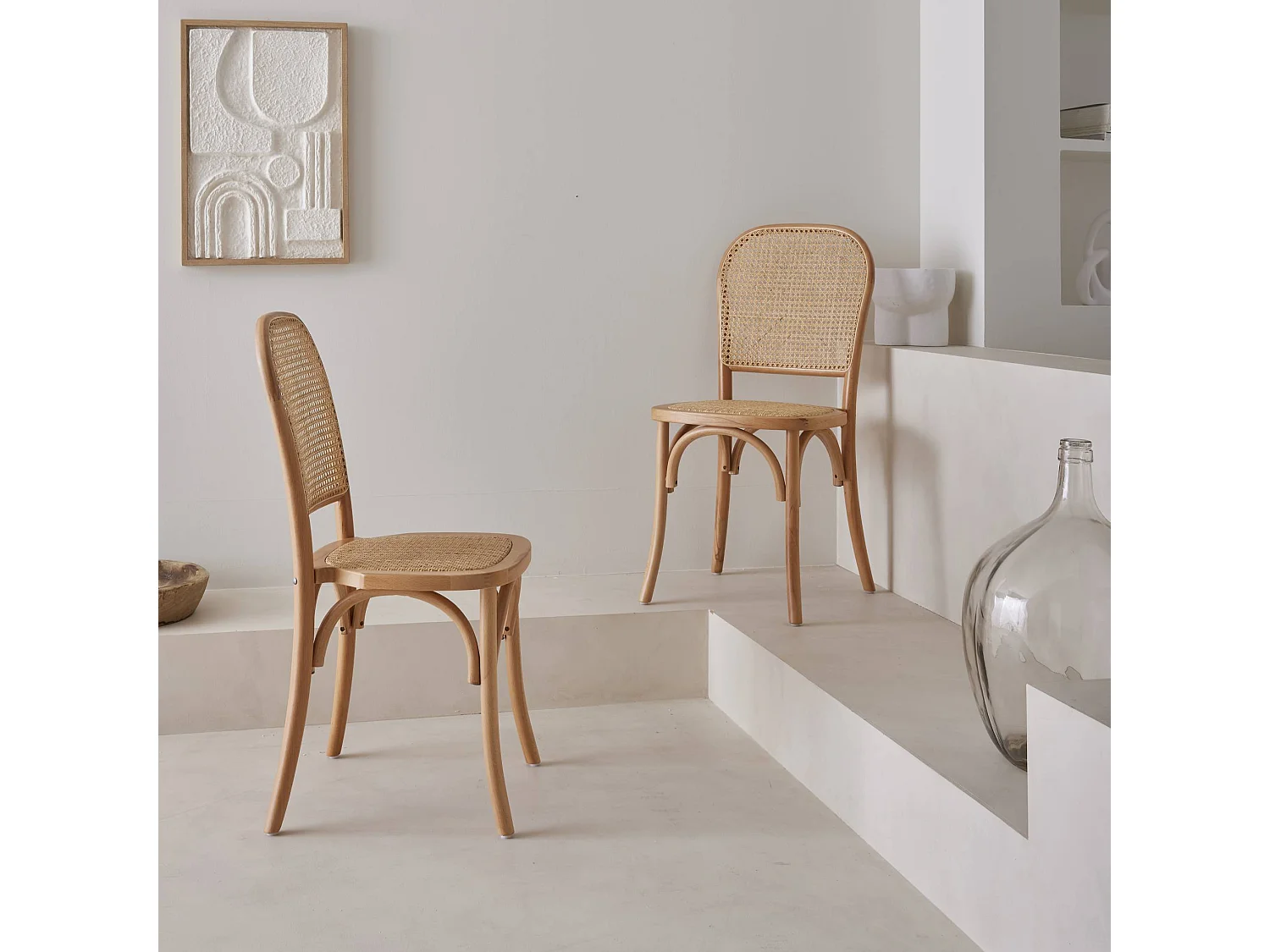 Silla vintage de madera y ratán, set de 2 natural