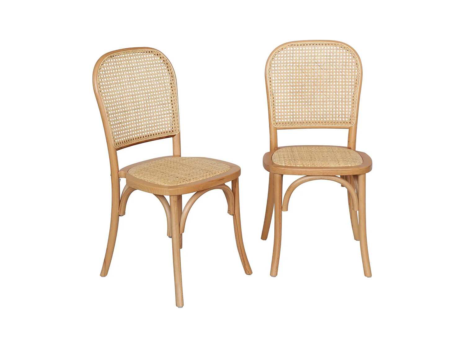 Lot de deux chaises naturelles vintage en bois avec assise et dossier en rotin