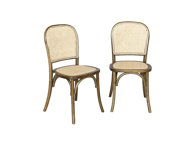 Silla vintage de madera y ratán, set de 2 marrón viejo