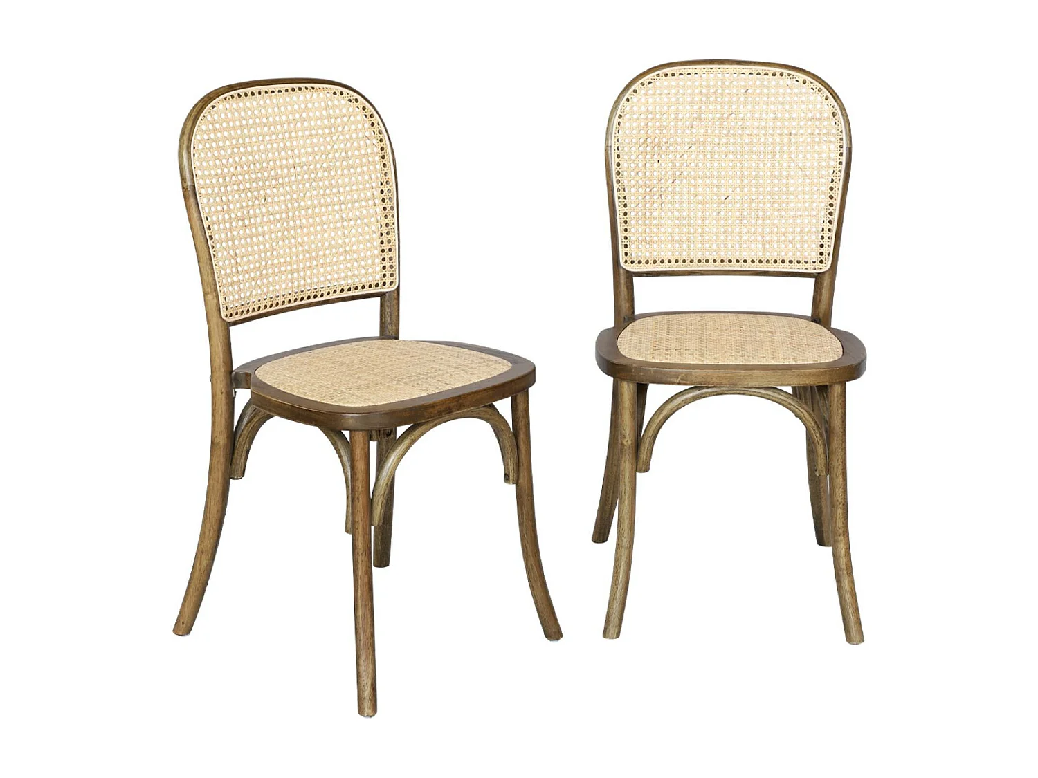 Silla vintage de madera y ratán, set de 2 marrón viejo