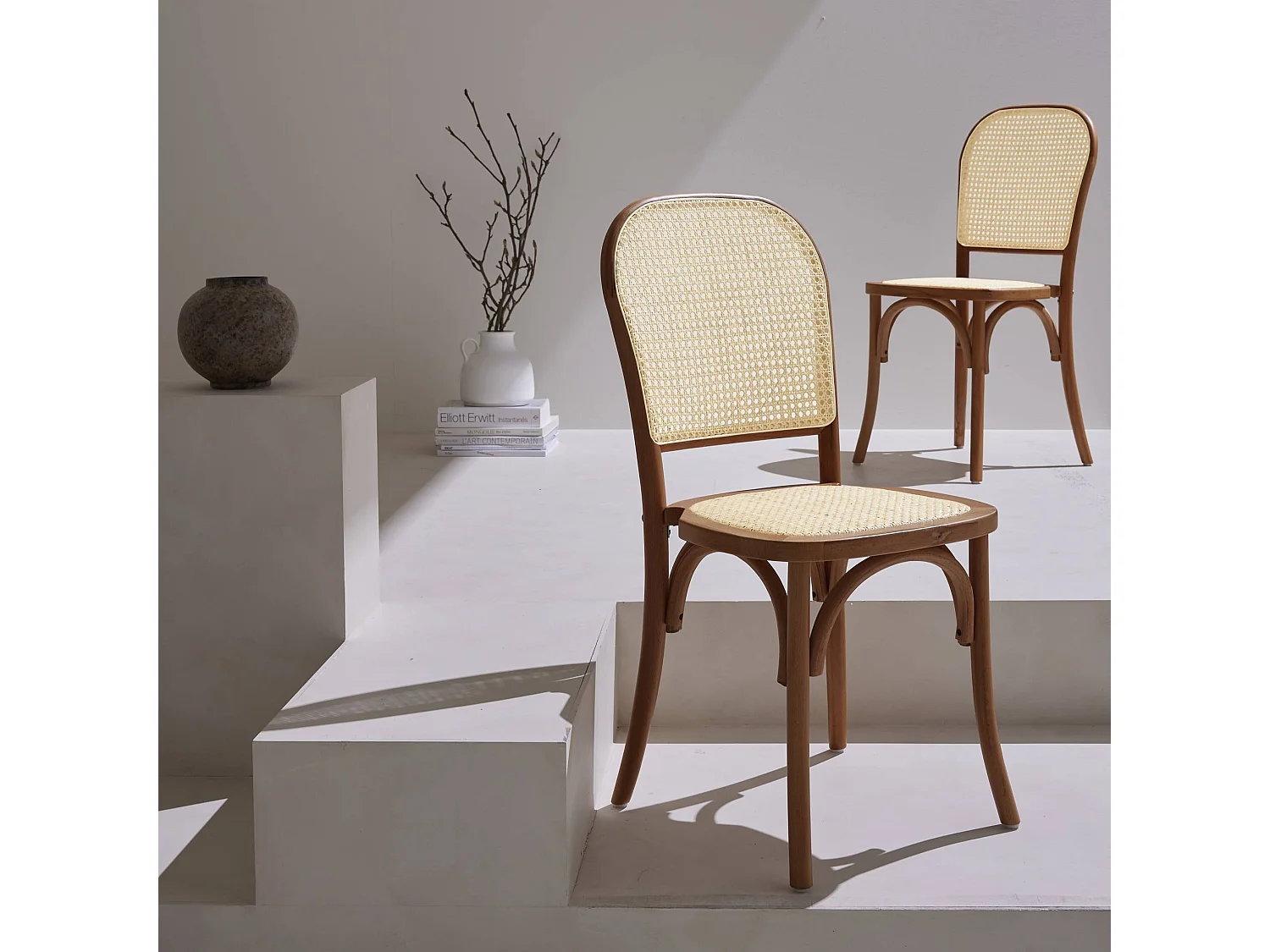 Silla vintage de madera y ratán, set de 2 marrón viejo