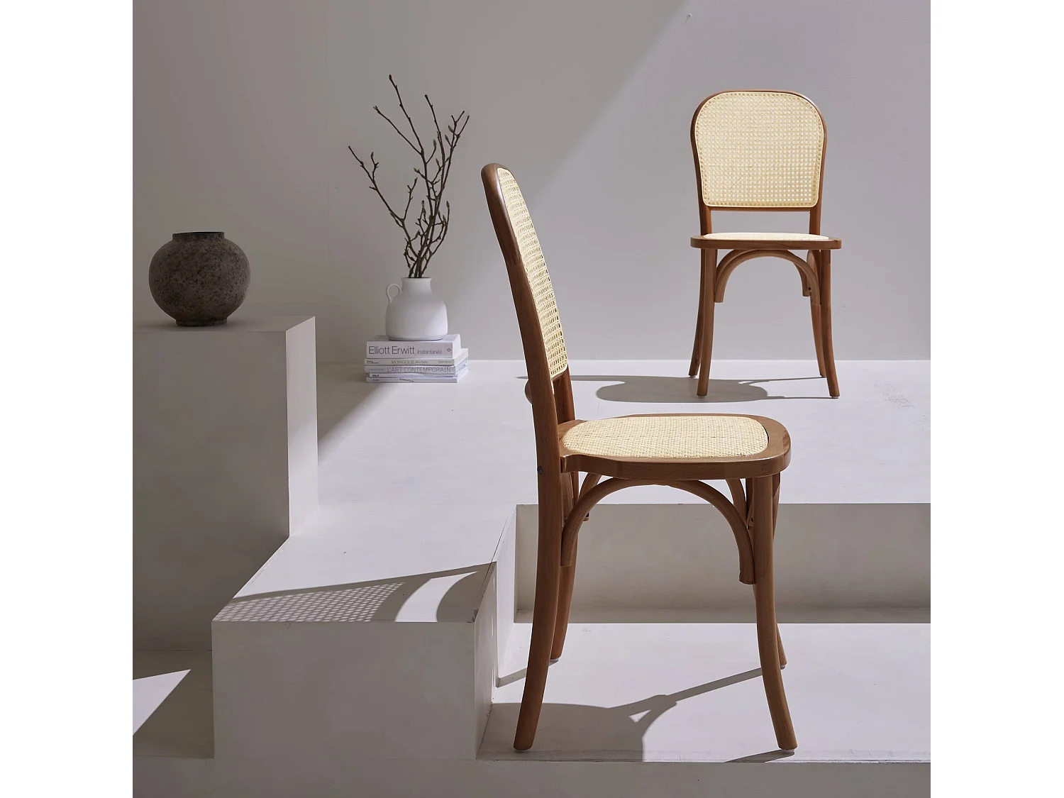 Silla vintage de madera y ratán, set de 2 marrón viejo