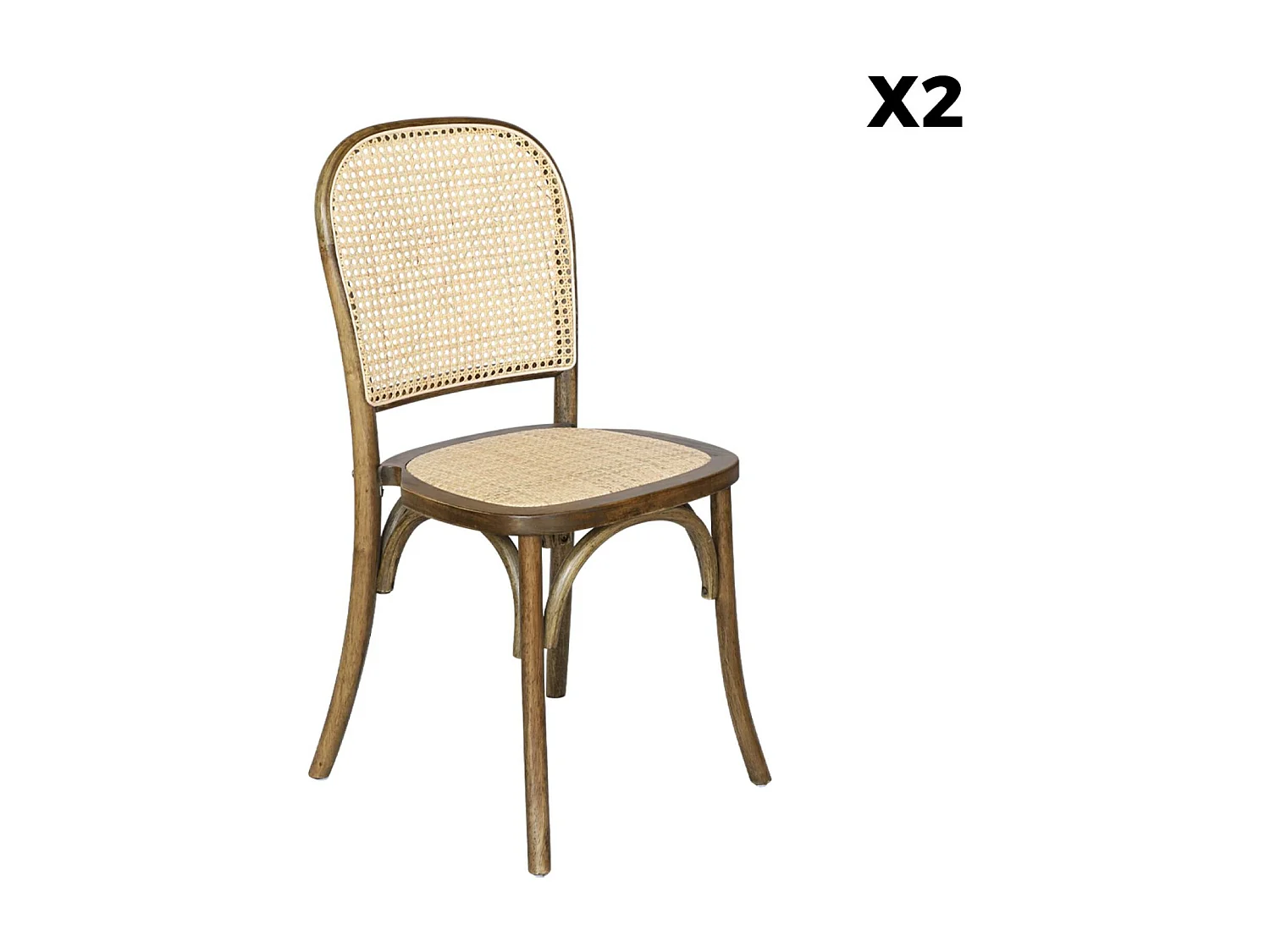 Silla vintage de madera y ratán, set de 2 marrón viejo