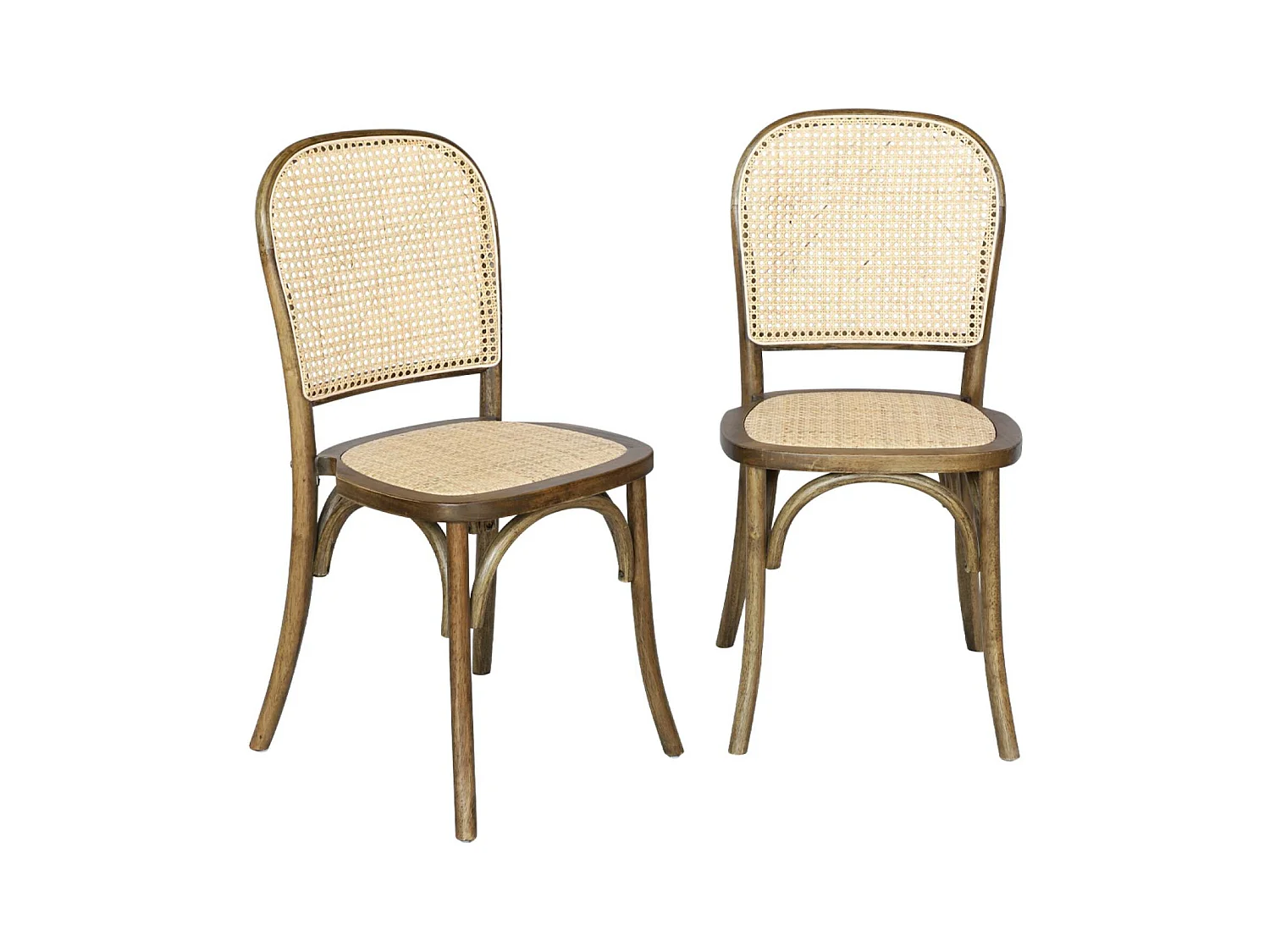 Lot de deux chaises vintage en bois marron vieilli avec assise et dossier en rotin