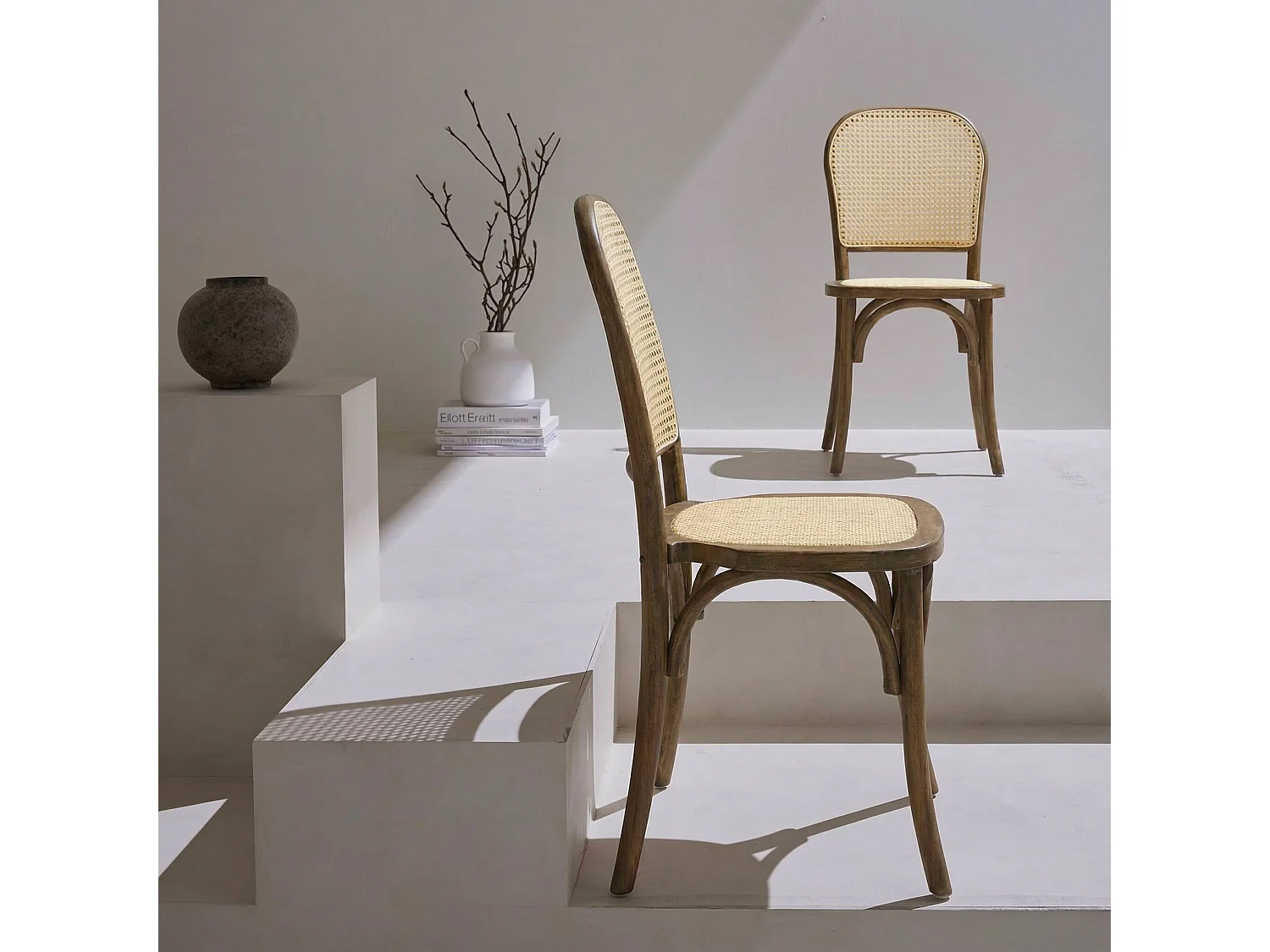 Set di 2 sedie vintage in legno e rattan, marrone