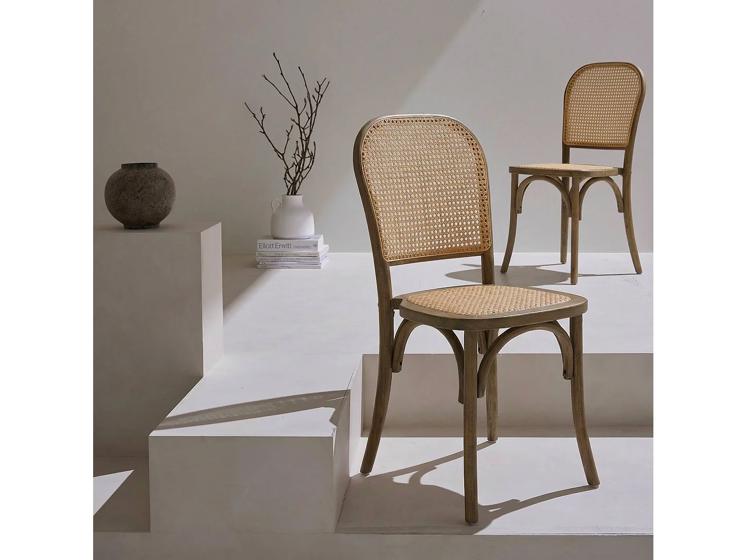 Lot de deux chaises vintage en bois marron vieilli avec assise et dossier en rotin