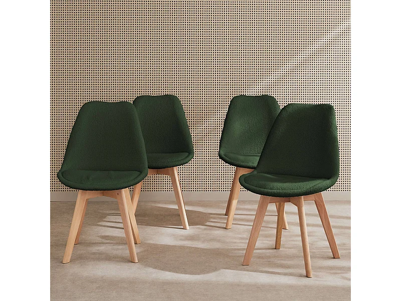 Lot de 4 chaises scandinaves NILS revêtement bouclette kaki. pieds bois de hêtre. chaise 1 place
