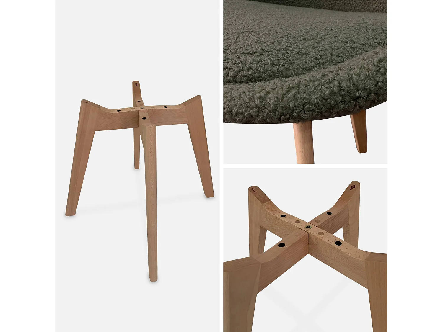 Lot de 4 chaises scandinaves NILS revêtement bouclette kaki. pieds bois de hêtre. chaise 1 place