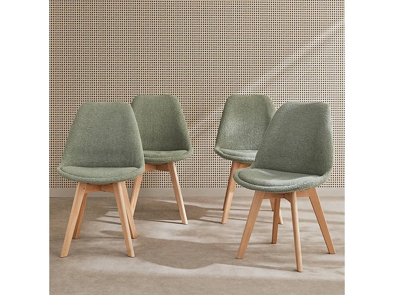 Set di 4 sedie scandinave bouclé, gambe in legno, verde celadon