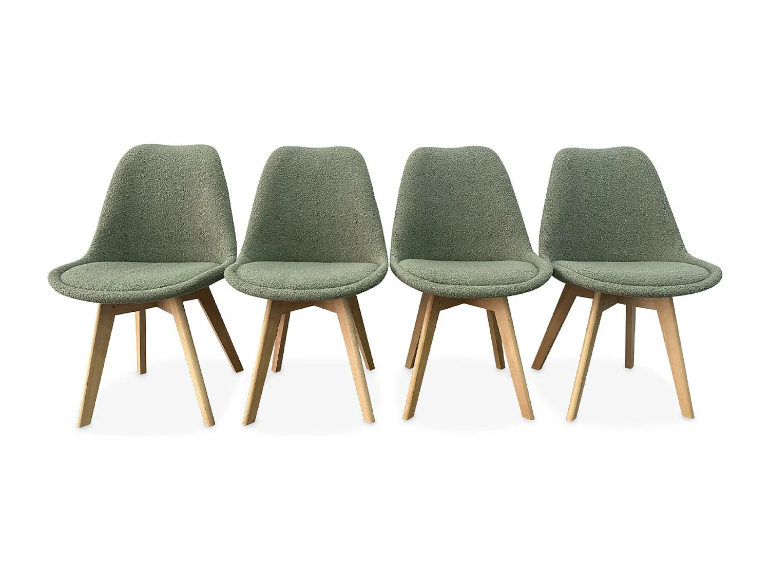 Silla escandinava de madera de haya  y borreguito, set de 4 verde