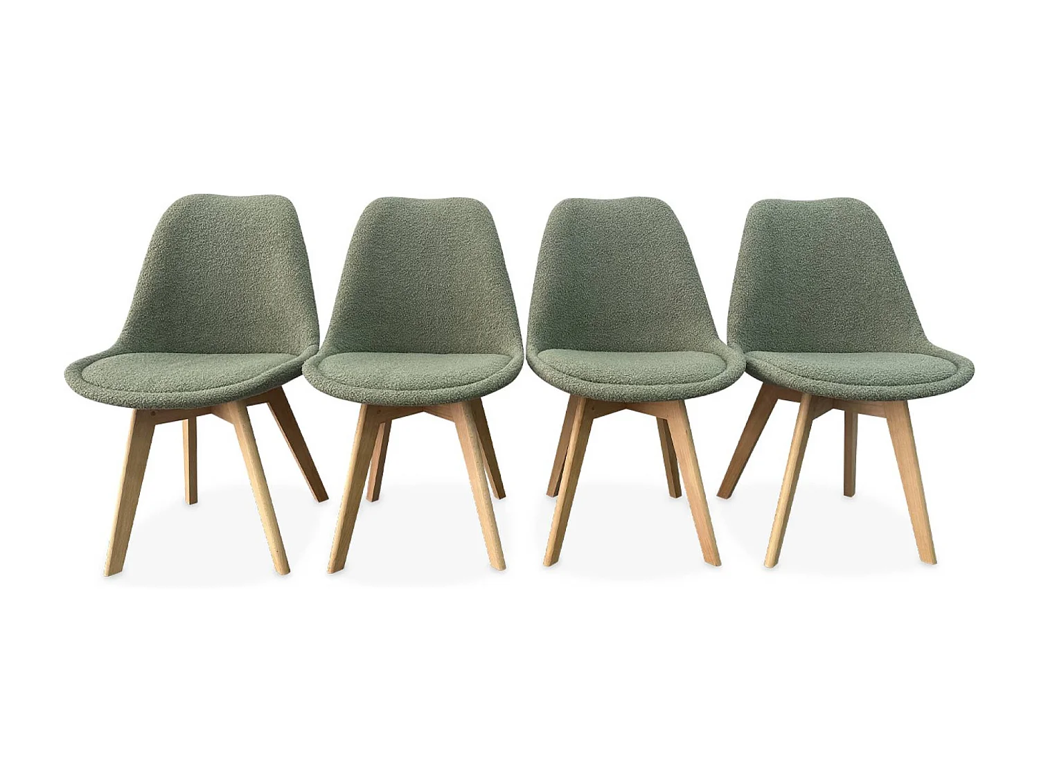 Set di 4 sedie scandinave bouclé, gambe in legno, verde celadon