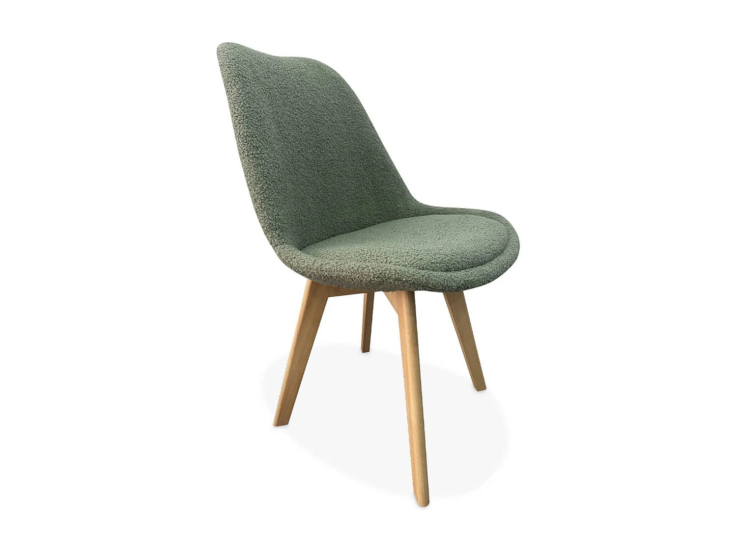 Set di 4 sedie scandinave bouclé, gambe in legno, verde celadon
