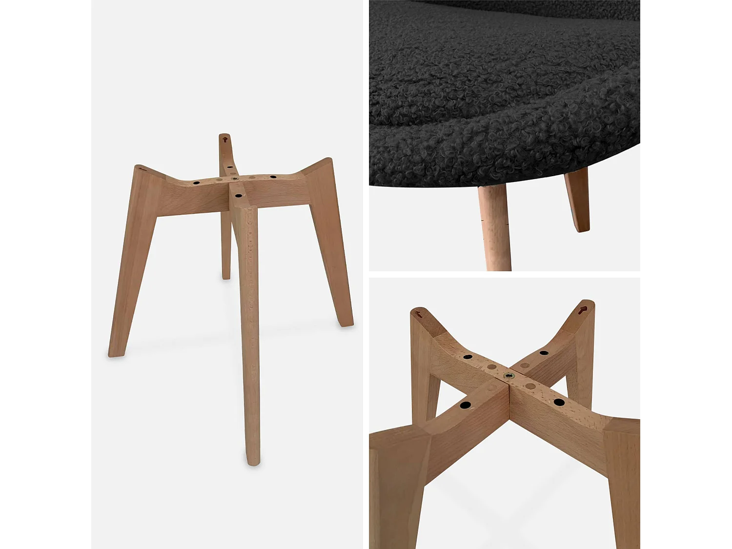 Lot de 4 chaises scandinaves NILS revêtement bouclette noire. pieds bois de hêtre. chaise 1 place