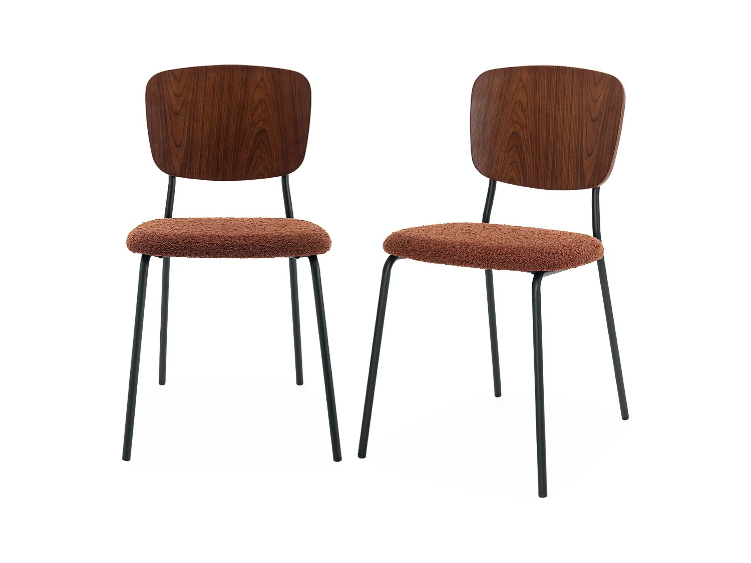 Lot de 2 chaises assise bouclette texturée terracotta. dossier bois de peuplier courbé. pieds en métal noir mat