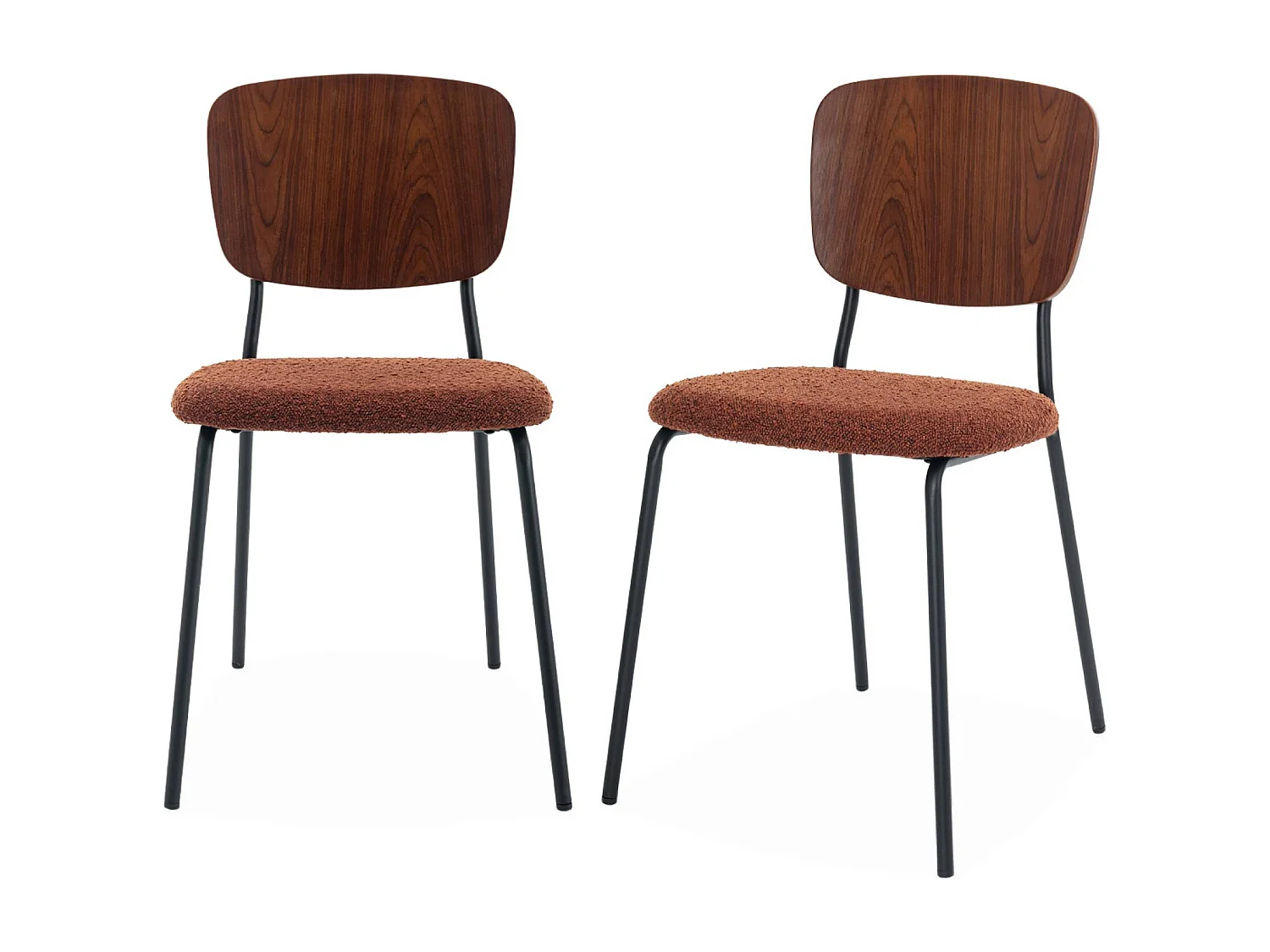 Lot de 2 chaises assise bouclette texturée terracotta. dossier bois de peuplier courbé. pieds en métal noir mat