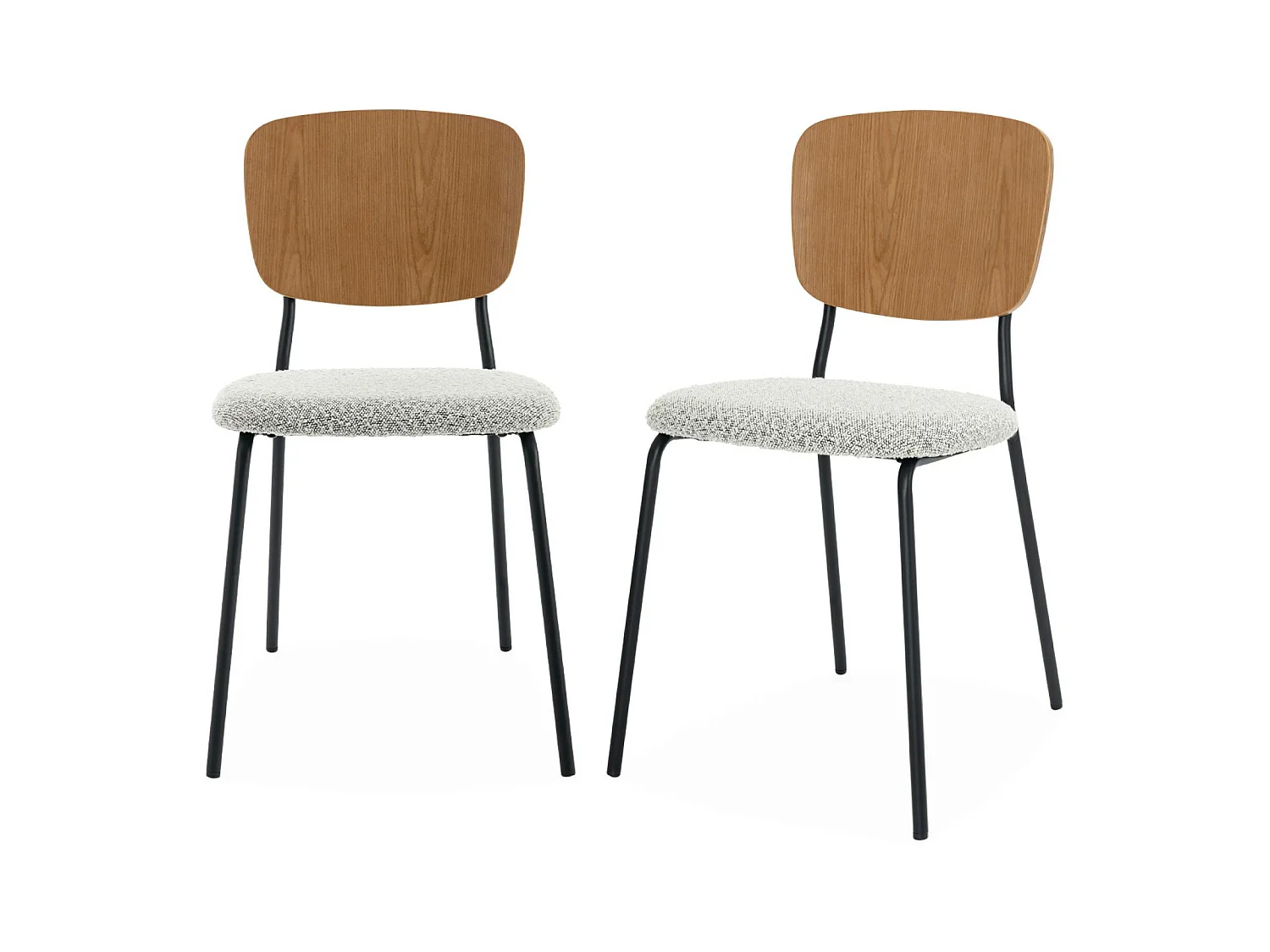 Lot de 2 chaises assise bouclette texturée blanche. dossier bois de peuplier courbé. pieds en métal noir mat