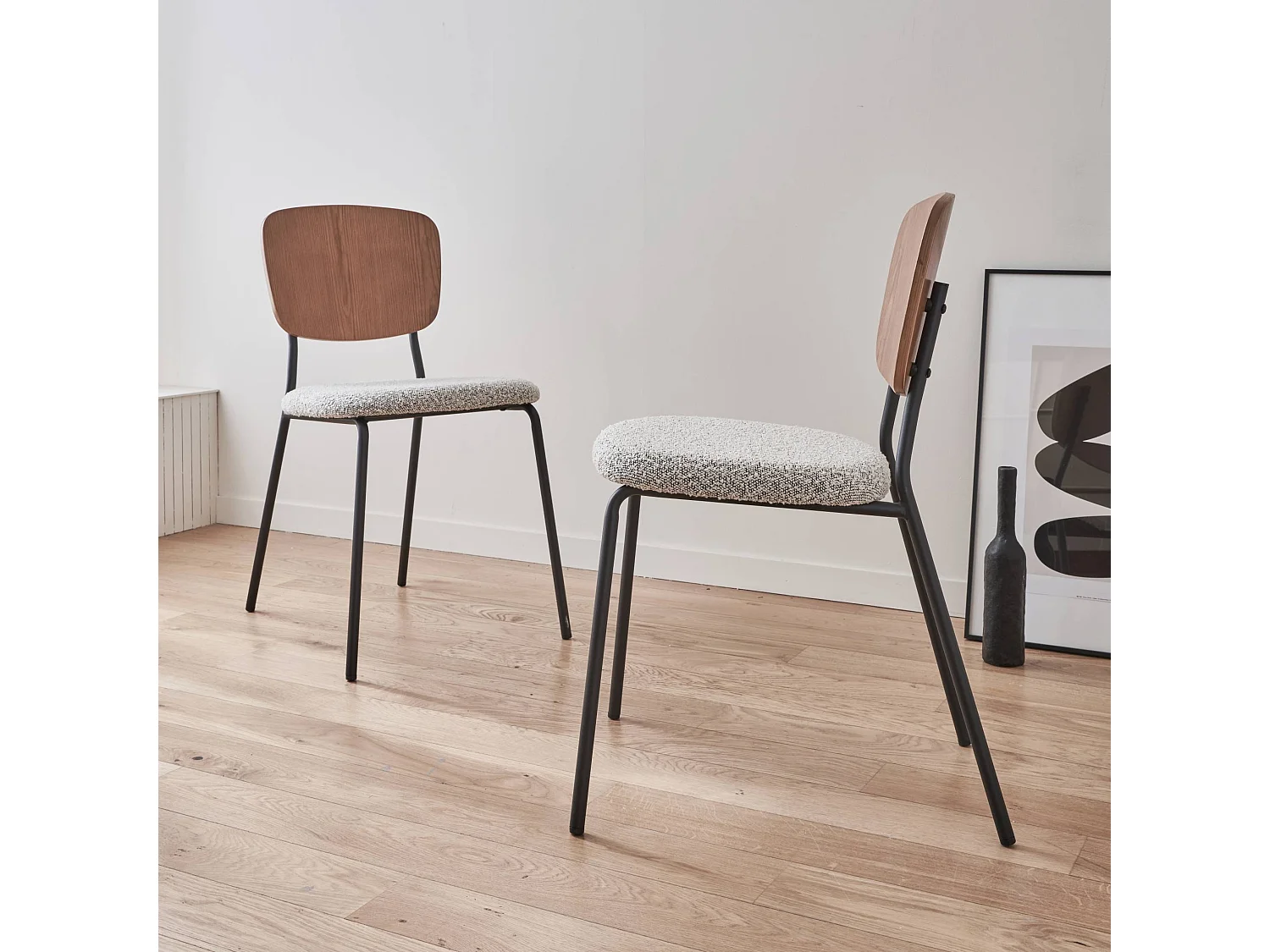 Sedie bouclé struttura in legno con gambe in metallo, set 2 , bianco