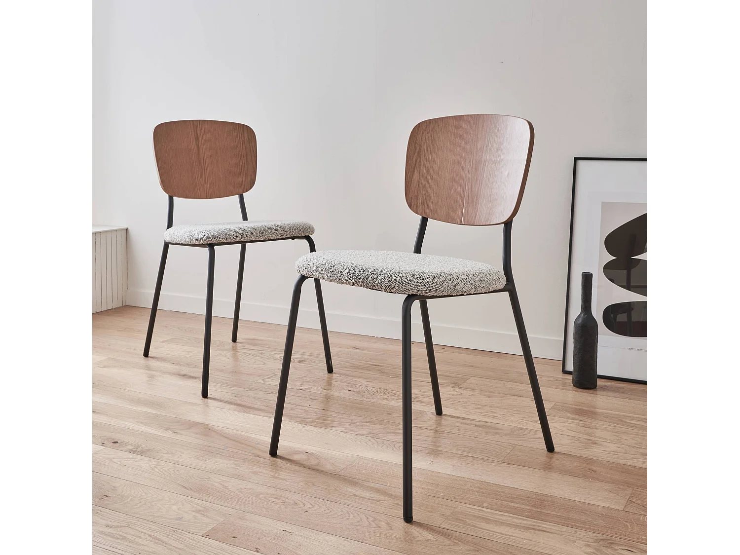 Sedie bouclé struttura in legno con gambe in metallo, set 2 , bianco