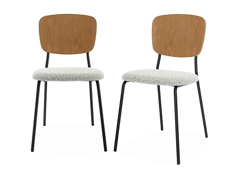 Lot de 2 chaises assise bouclette texturée blanche. dossier bois de peuplier courbé. pieds en métal noir mat