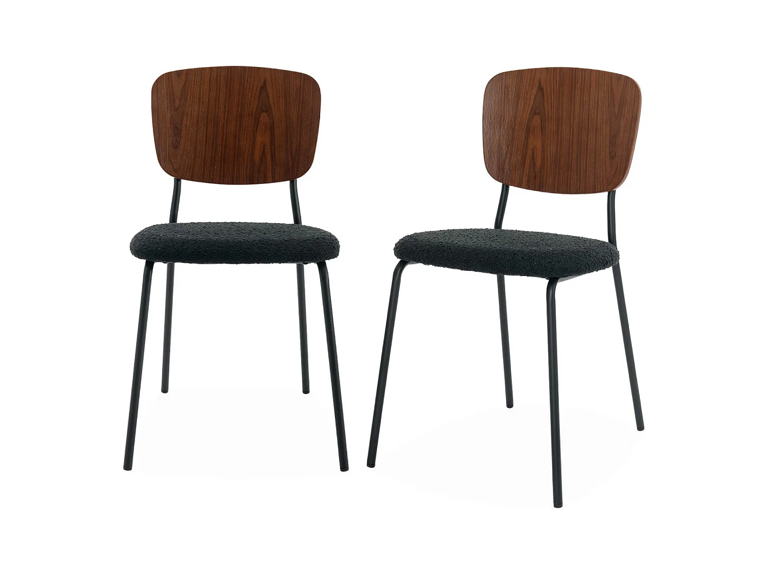 Lot de 2 chaises assise bouclette texturée noire. dossier bois de peuplier courbé. pieds en métal noir mat
