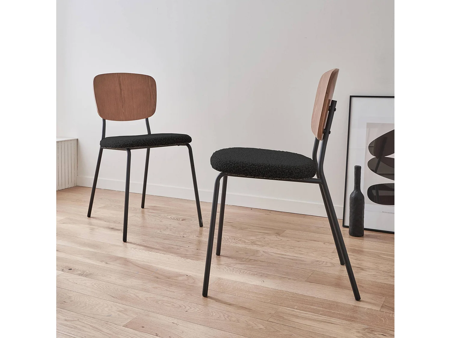 Sedie bouclé struttura in legno con gambe in metallo, set 2 , nero