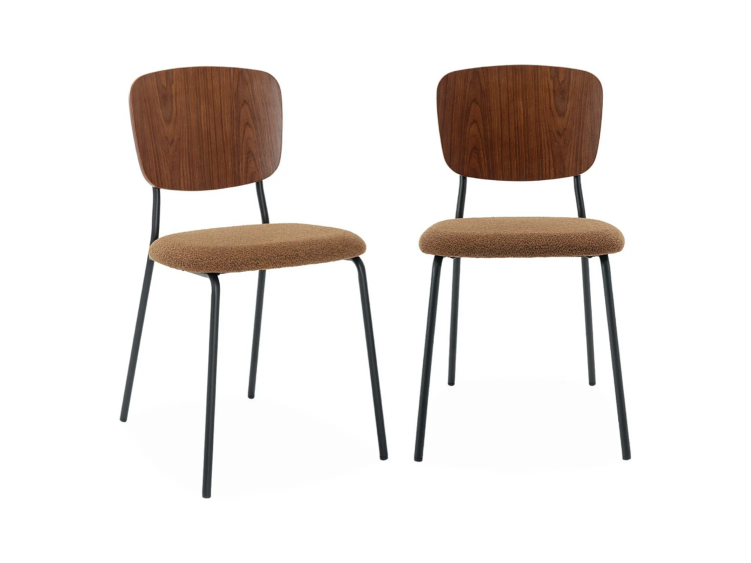 Lot de 2 chaises assise bouclette texturée moutarde. dossier bois de peuplier courbé. pieds en métal noir mat