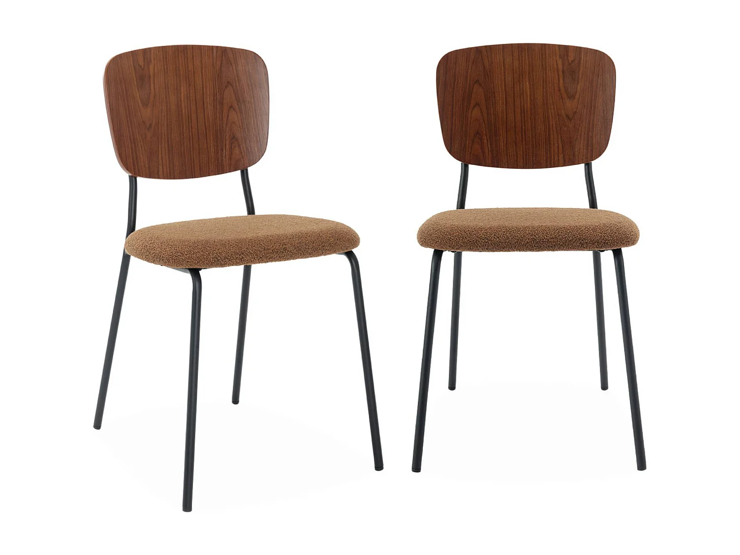 Lot de 2 chaises assise bouclette texturée moutarde. dossier bois de peuplier courbé. pieds en métal noir mat