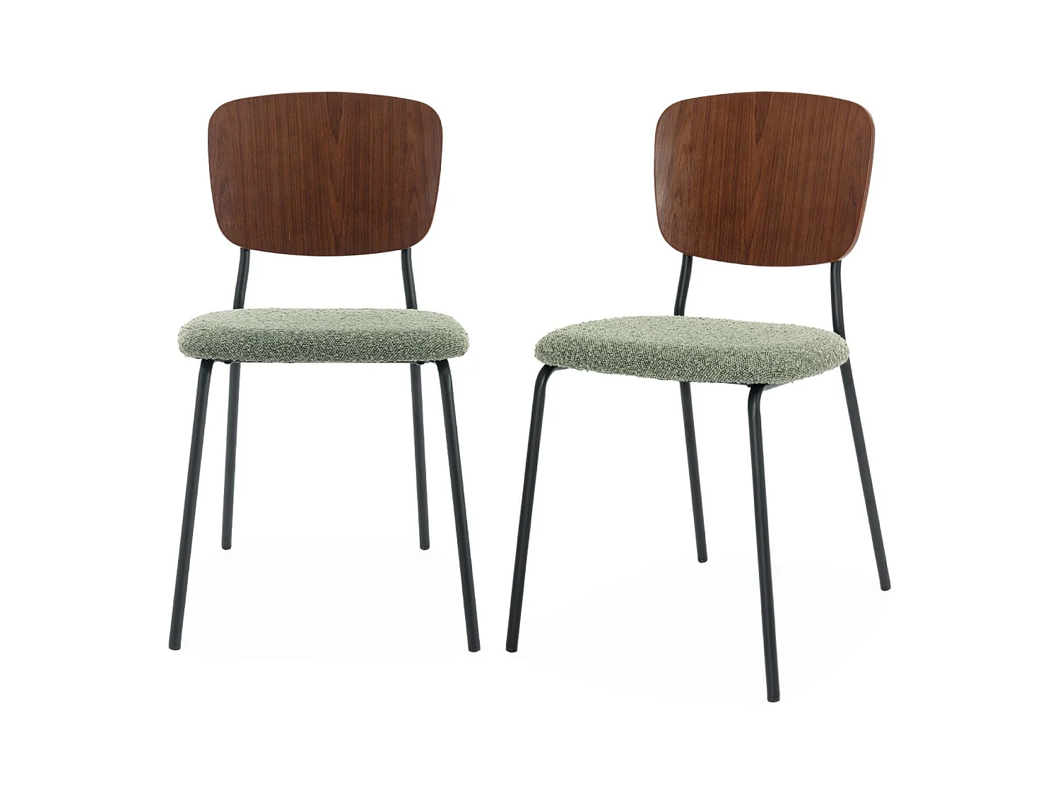 Lot de 2 chaises assise bouclette texturée verte. dossier bois de peuplier courbé. pieds en métal noir mat