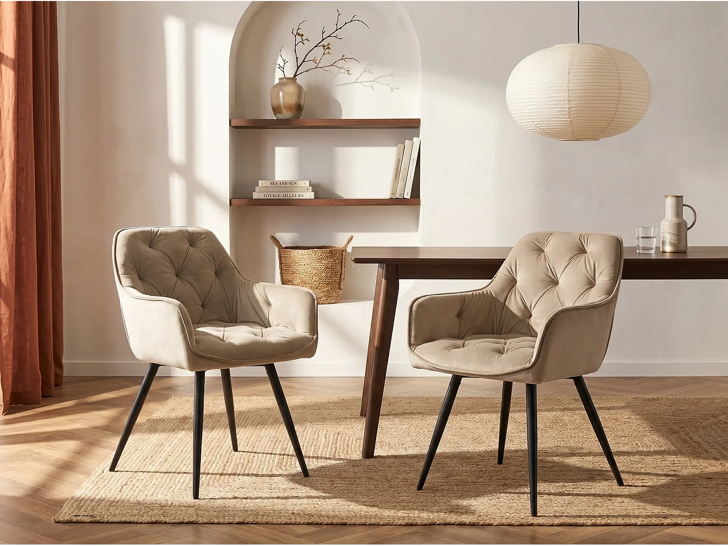Lot de 6 chaises avec accoudoirs en velours et métal noir - Beige - MOBELIA