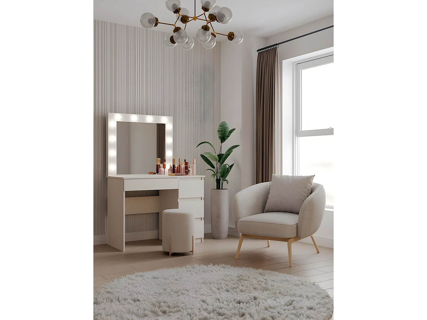 CAROL - Coiffeuse avec miroir + éclairage LED beige - 4 tiroirs - 98x76x51cm - Bureau